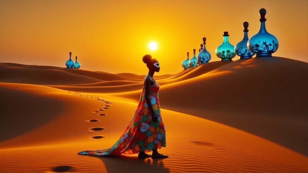 Surreal Desert Walker with Spider Mask and Glass Eyes