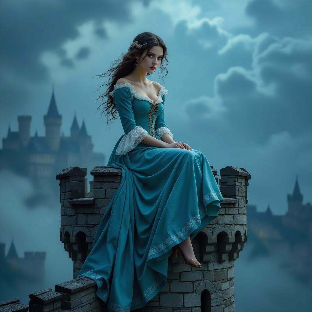 Princess in Medieval Dress on Castle Turret in Stormy Weathe...