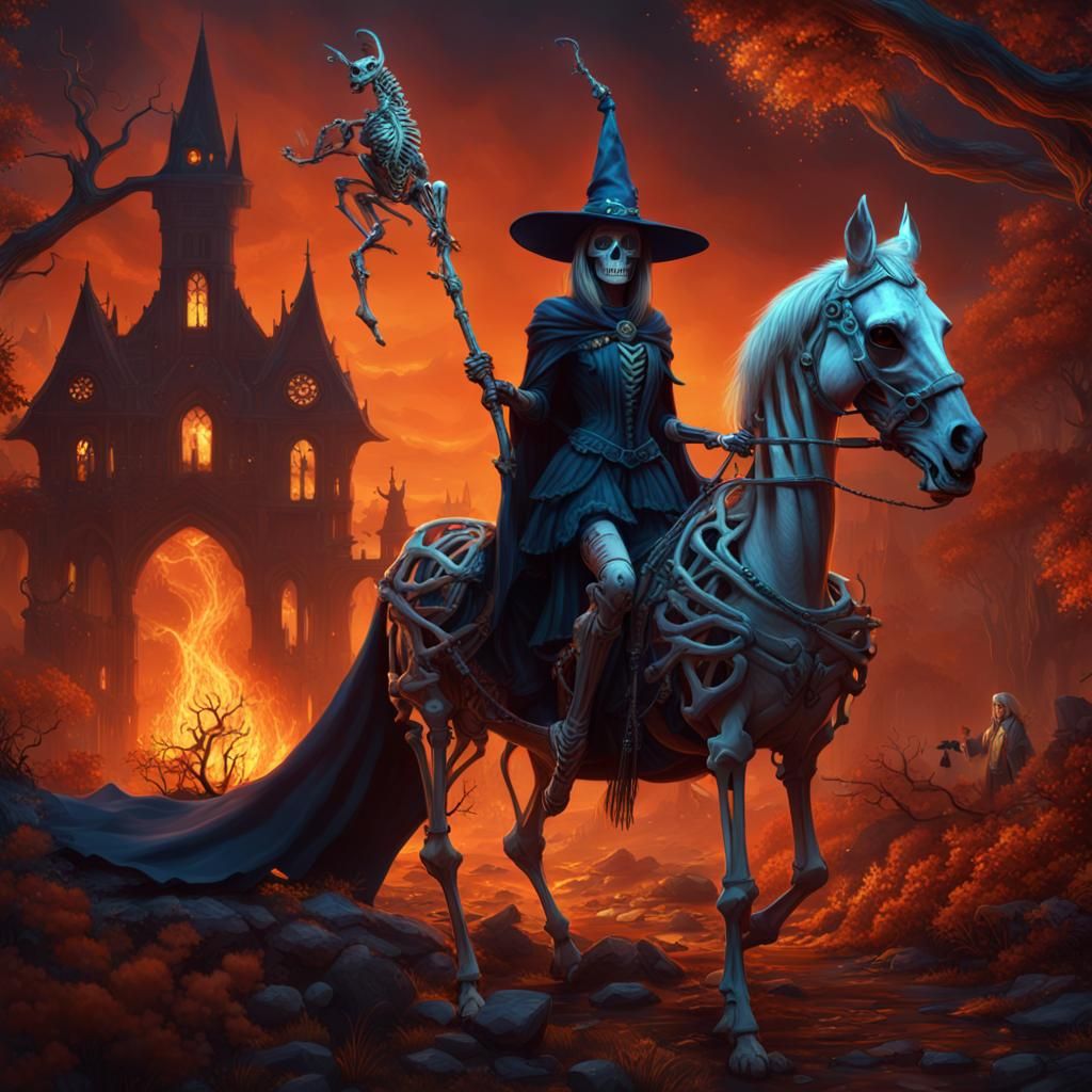 Fantasy Skeleton Witch and Horse in Detailed Matte Painting