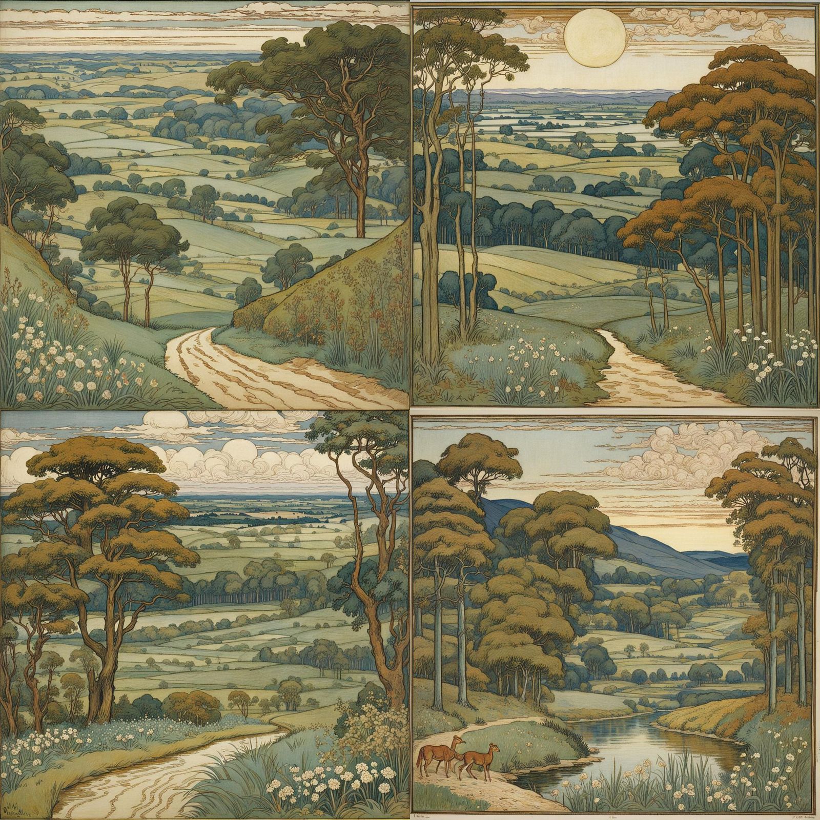 Idyllic Landscape in Walter Crane Style