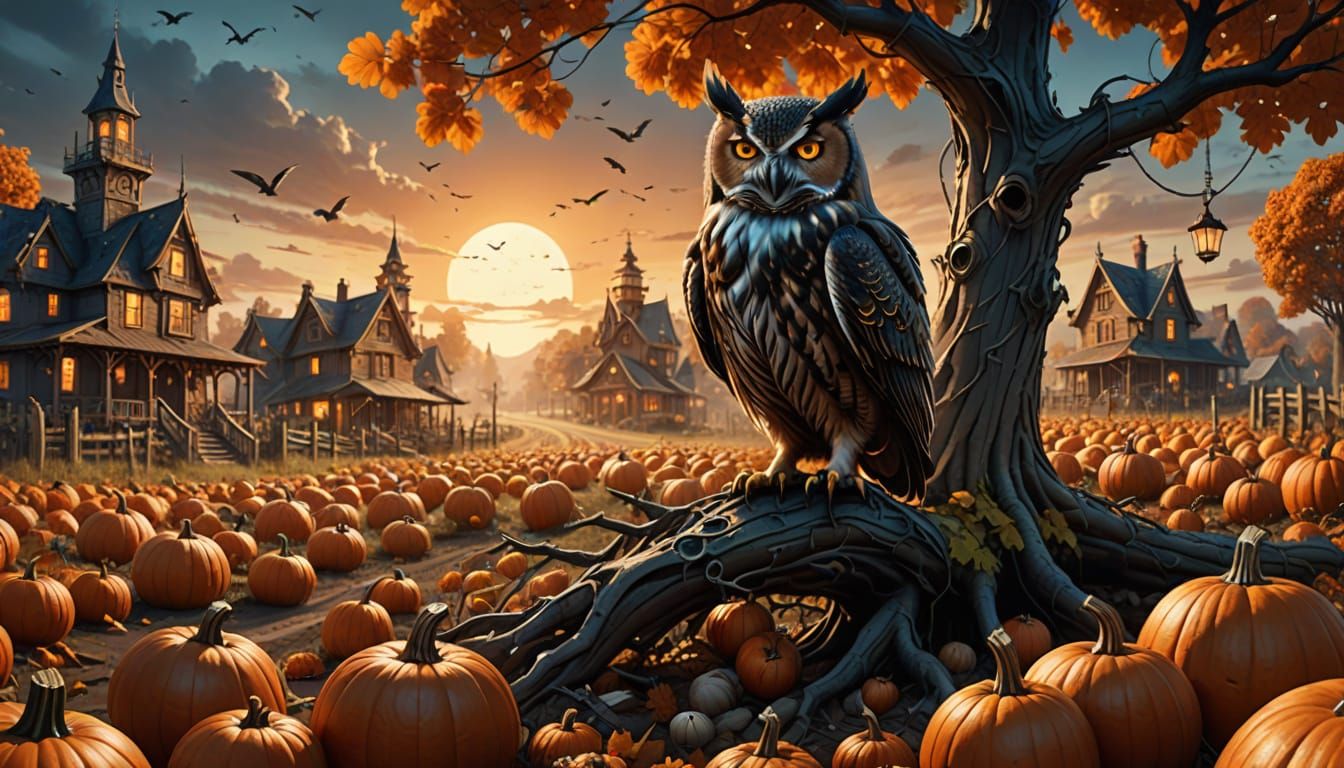 Wise Owl Guards Pumpkin Patch From Skeletons