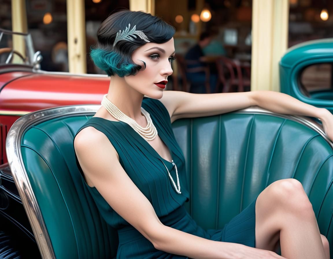 Woman in Emerald Dress Admiring Vintage Car