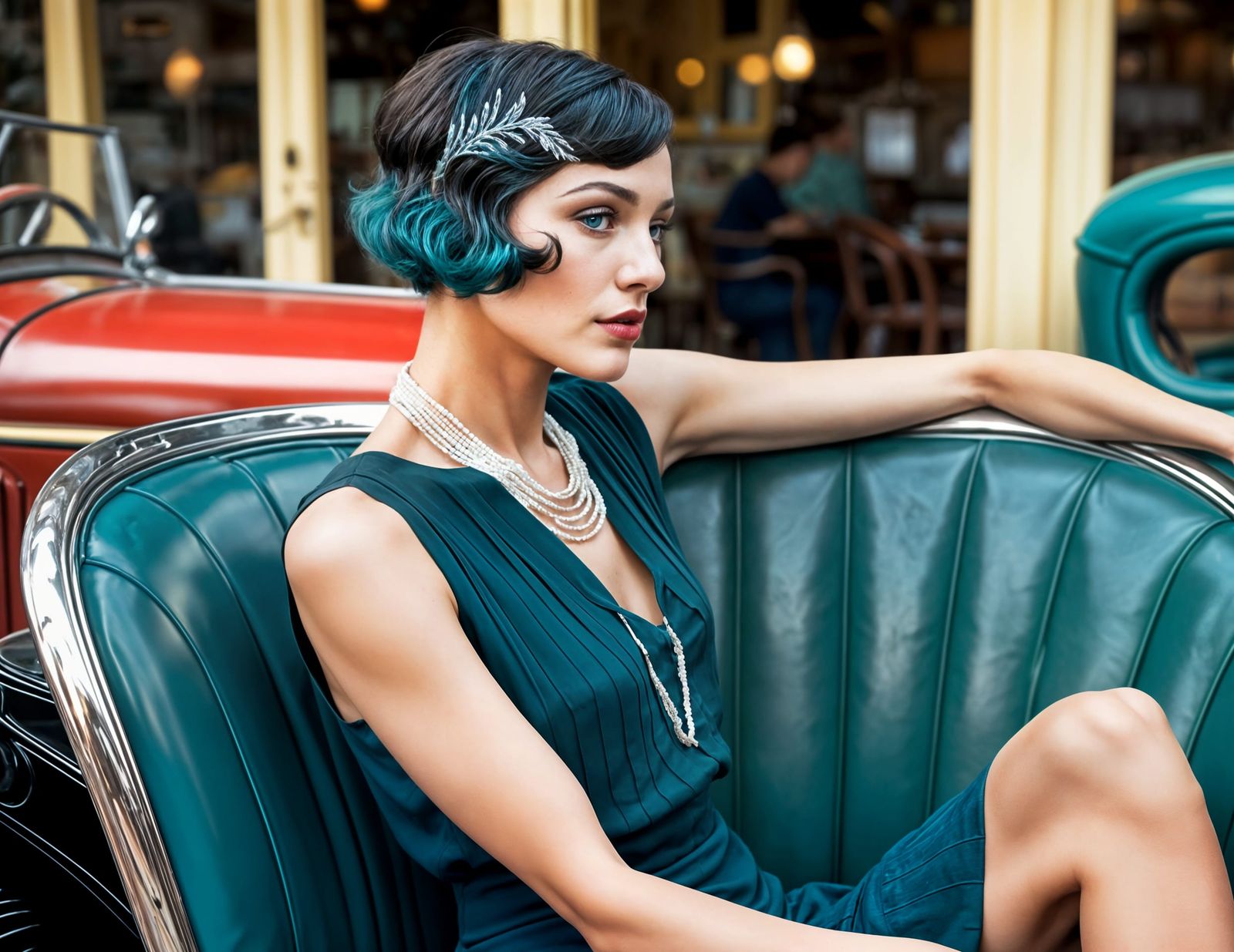 Brunette in Emerald Green Dress at Cafe
