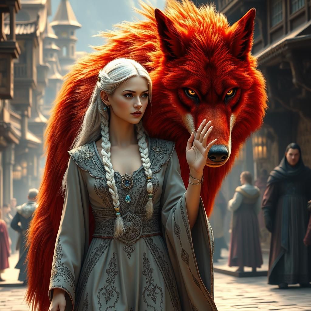 Elven Woman and Dire Wolf in Ancient City