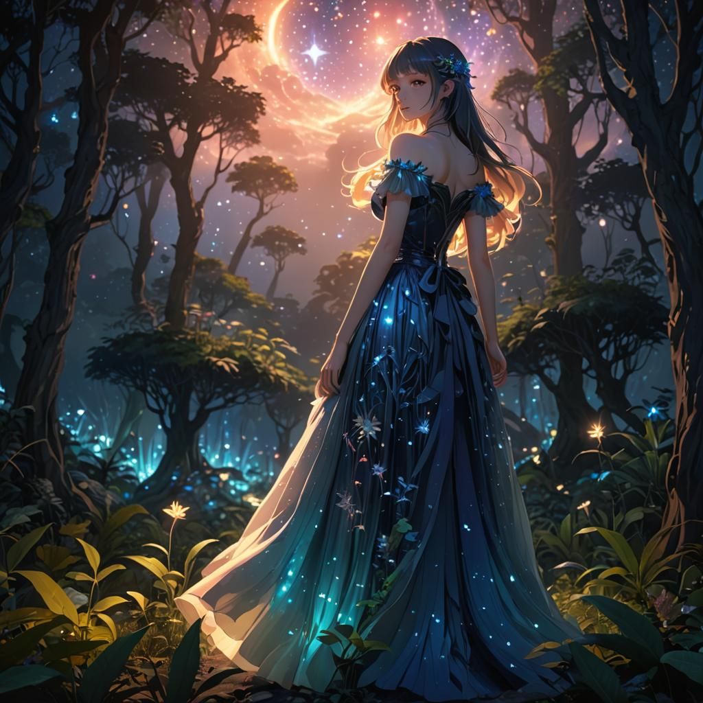Anime Girl in Dreamlike Mystical Forest, 3D Render