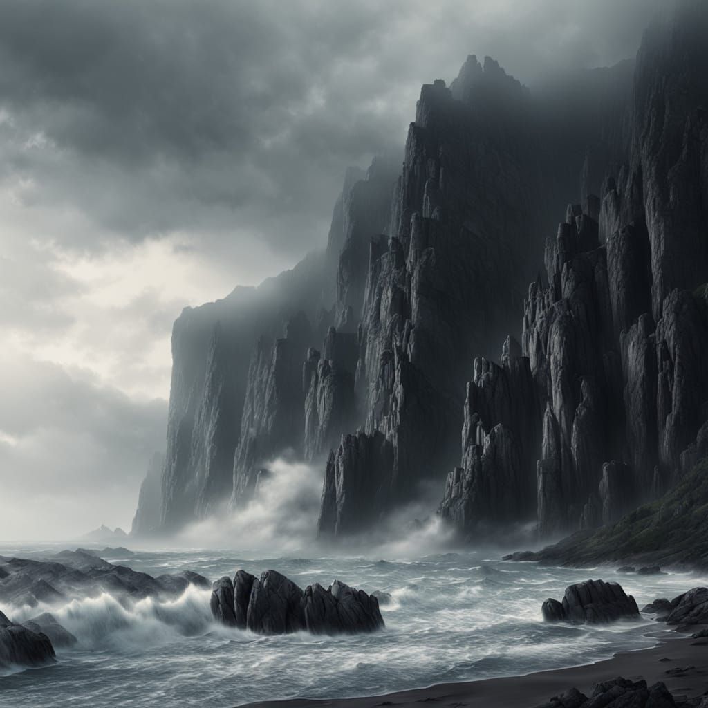 Epic Cinematic Matte Painting of Misty Cliffs and Waves