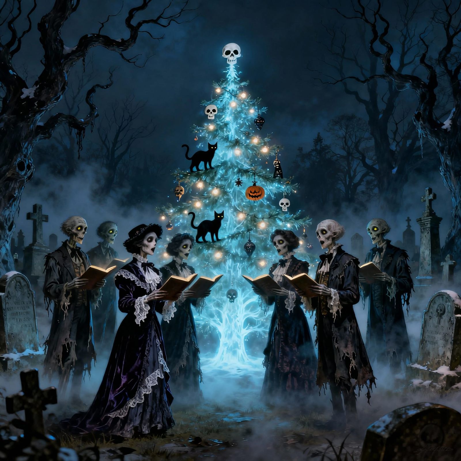 Undead Carolers Haunt Graveyard With Spectral Christmas Tree