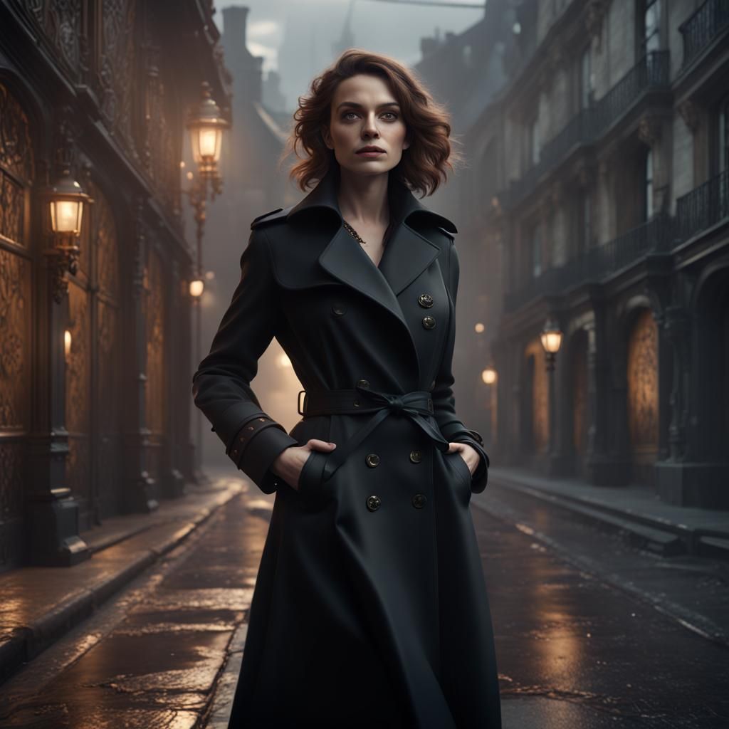 French Woman in Black Trench Coat, Detailed Matte Painting