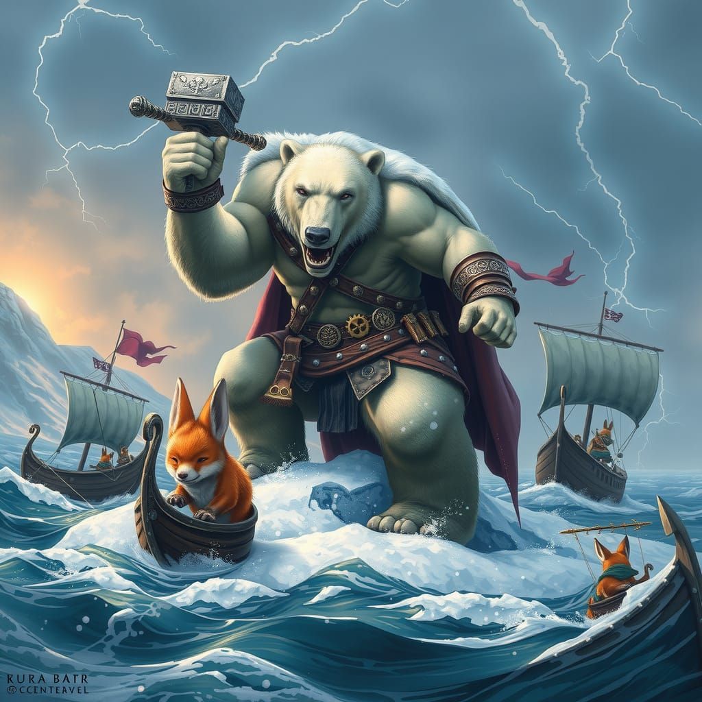 Epic Polar Bear Thor in Blizzard with Steampunk Vikings