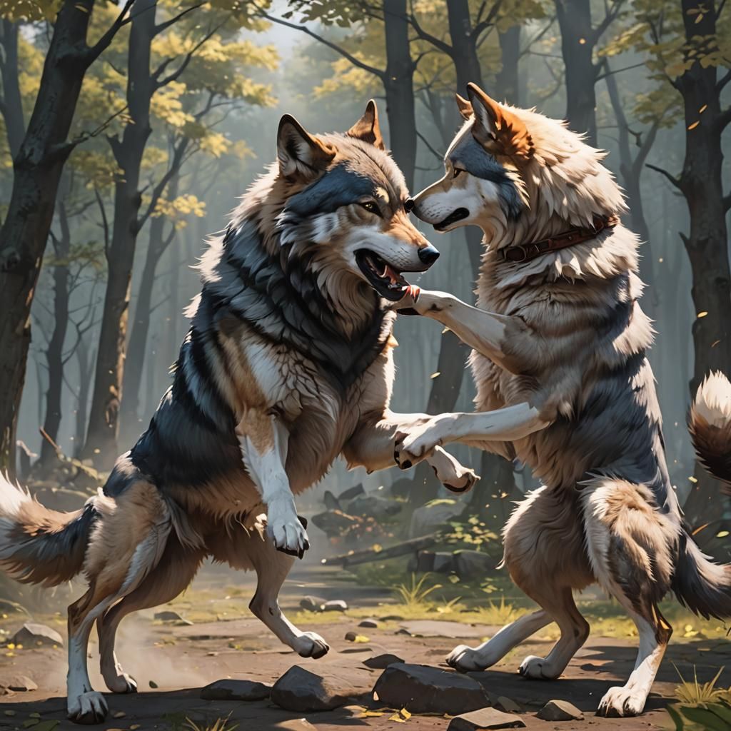 Epic Wolf and Dog Fight in 3D Anime Style
