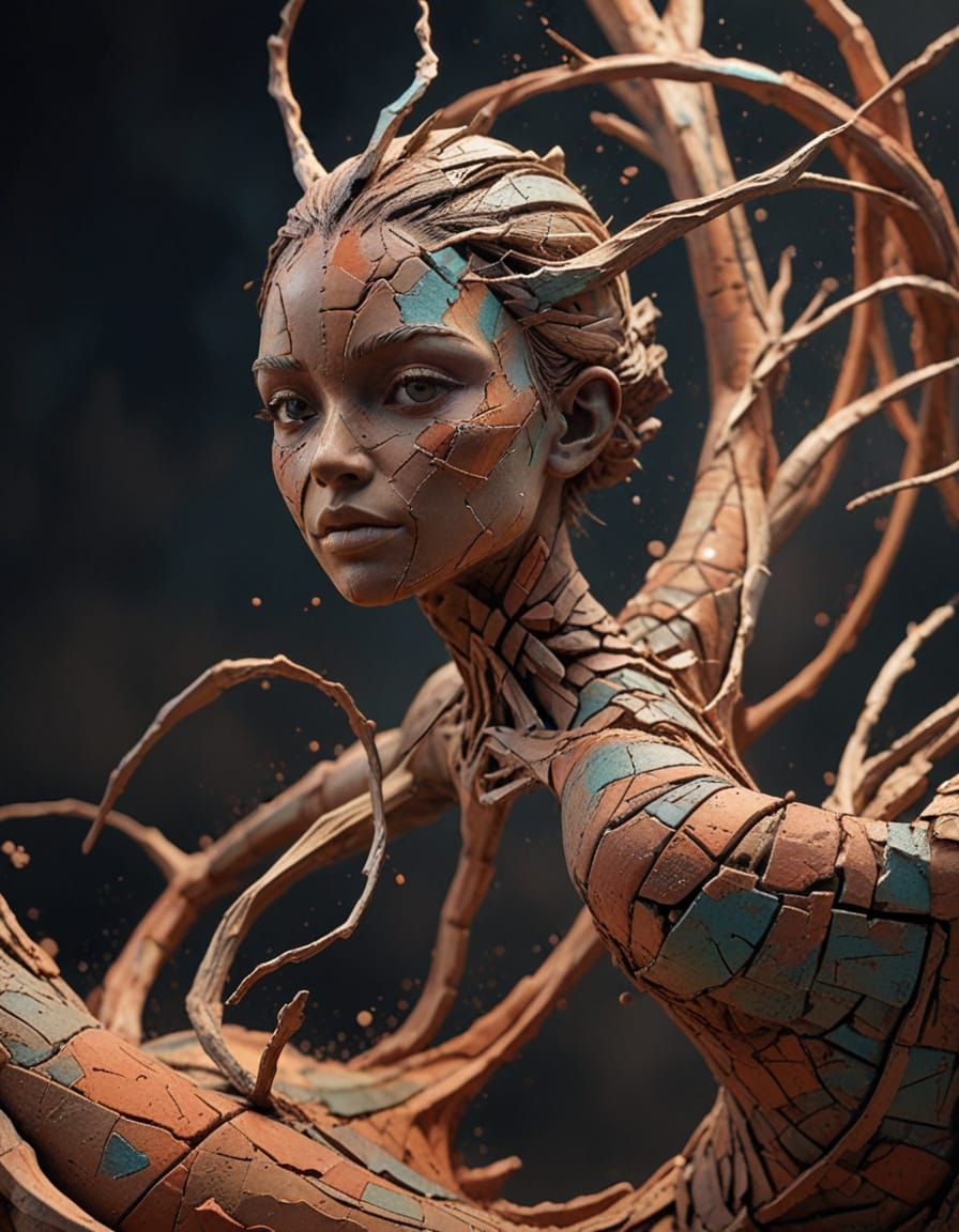 Hyper-Realistic Clay Dancer Digital Art in Earthy Tones