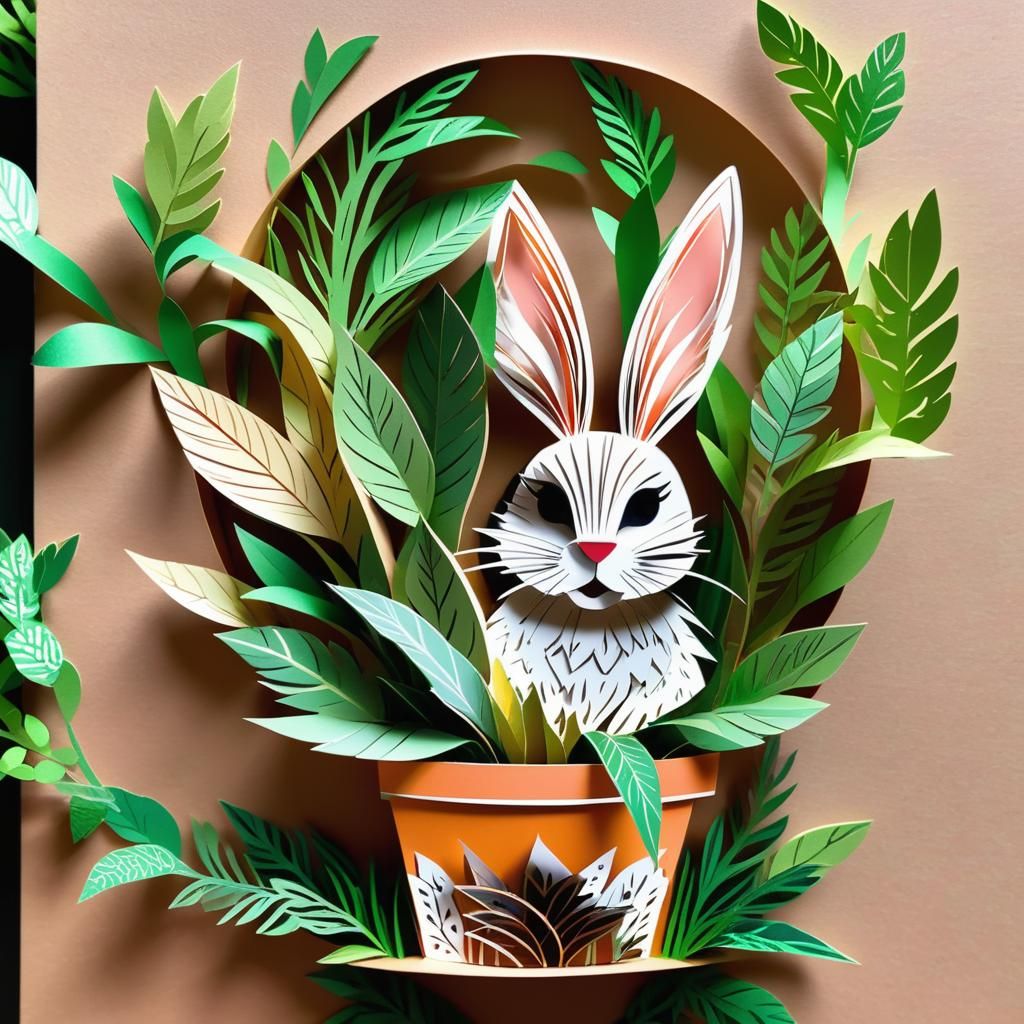 Papercut Bunny Hiding in Potted Plant