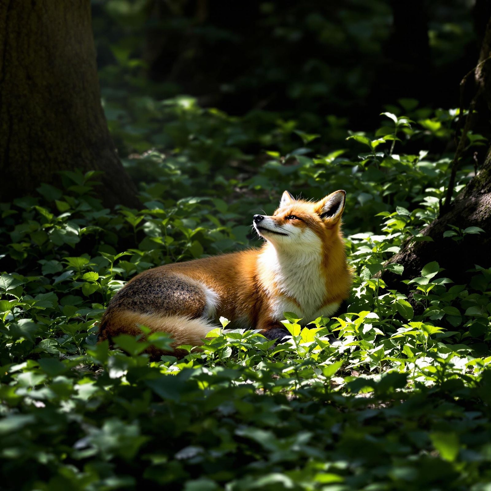 Fox Sunbathing on Forest Floor