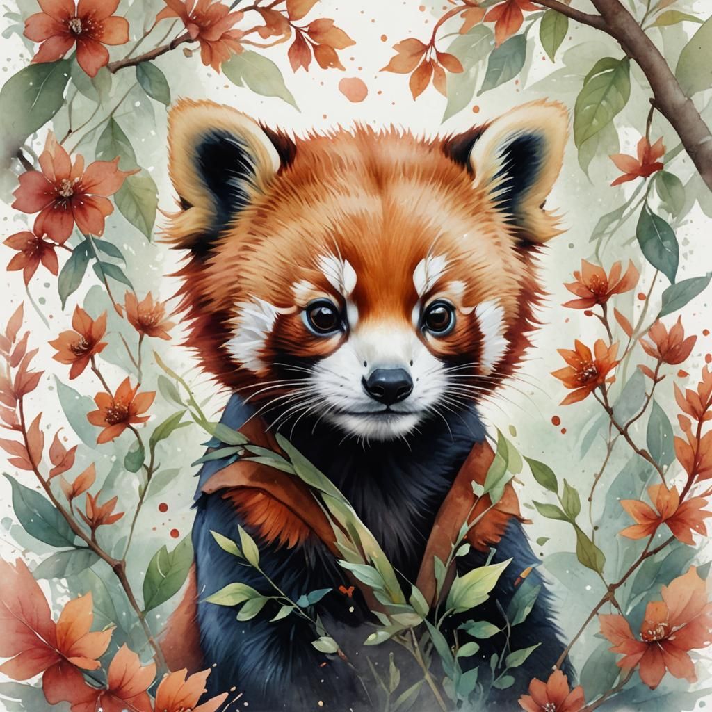 Whimsical Watercolor Portrait of a Baby Red Panda