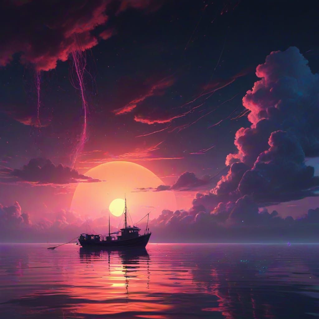 Synthwave Fishing Boat Under Bioluminescent Skies