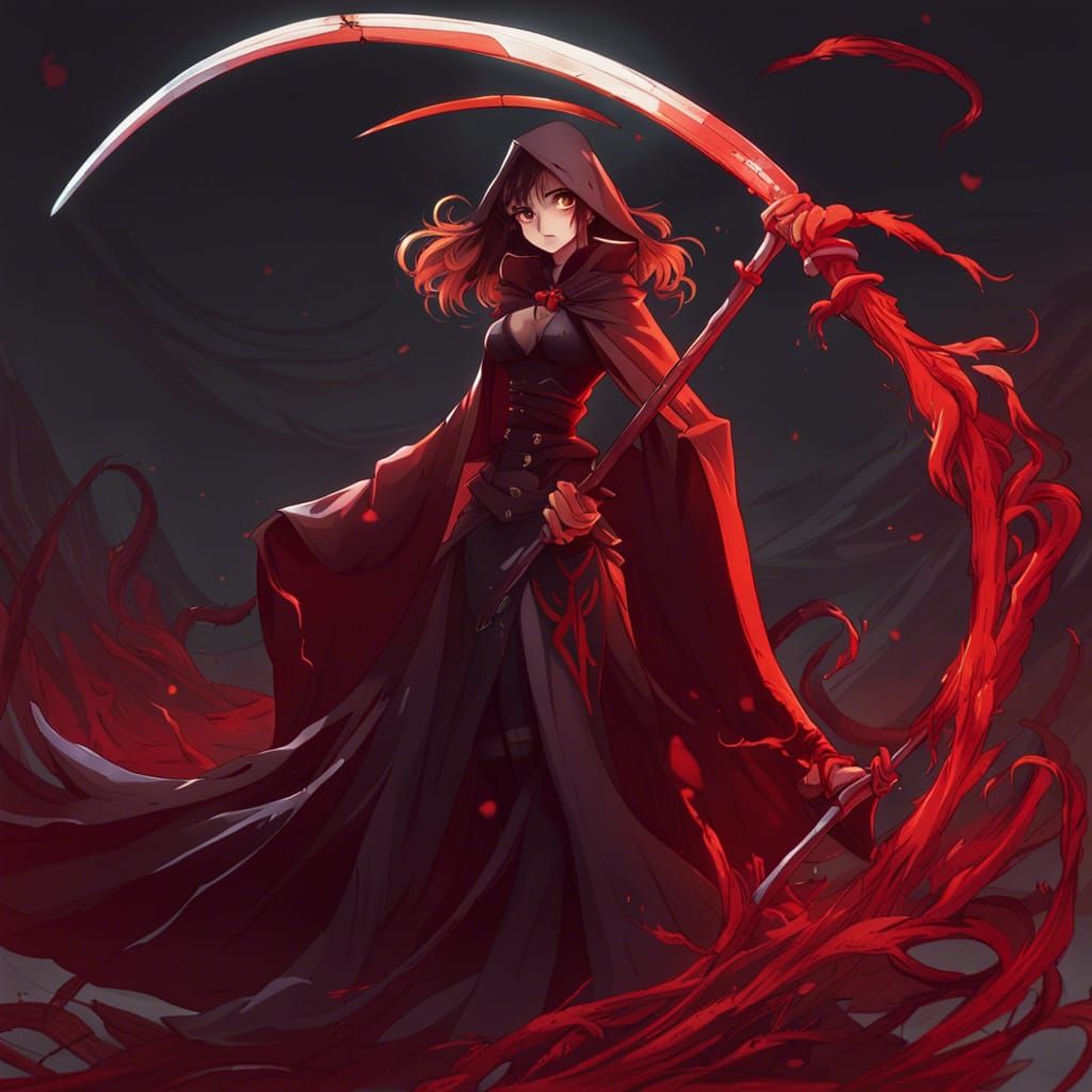 Anime Grim Reaper in Red Dress with Scythe