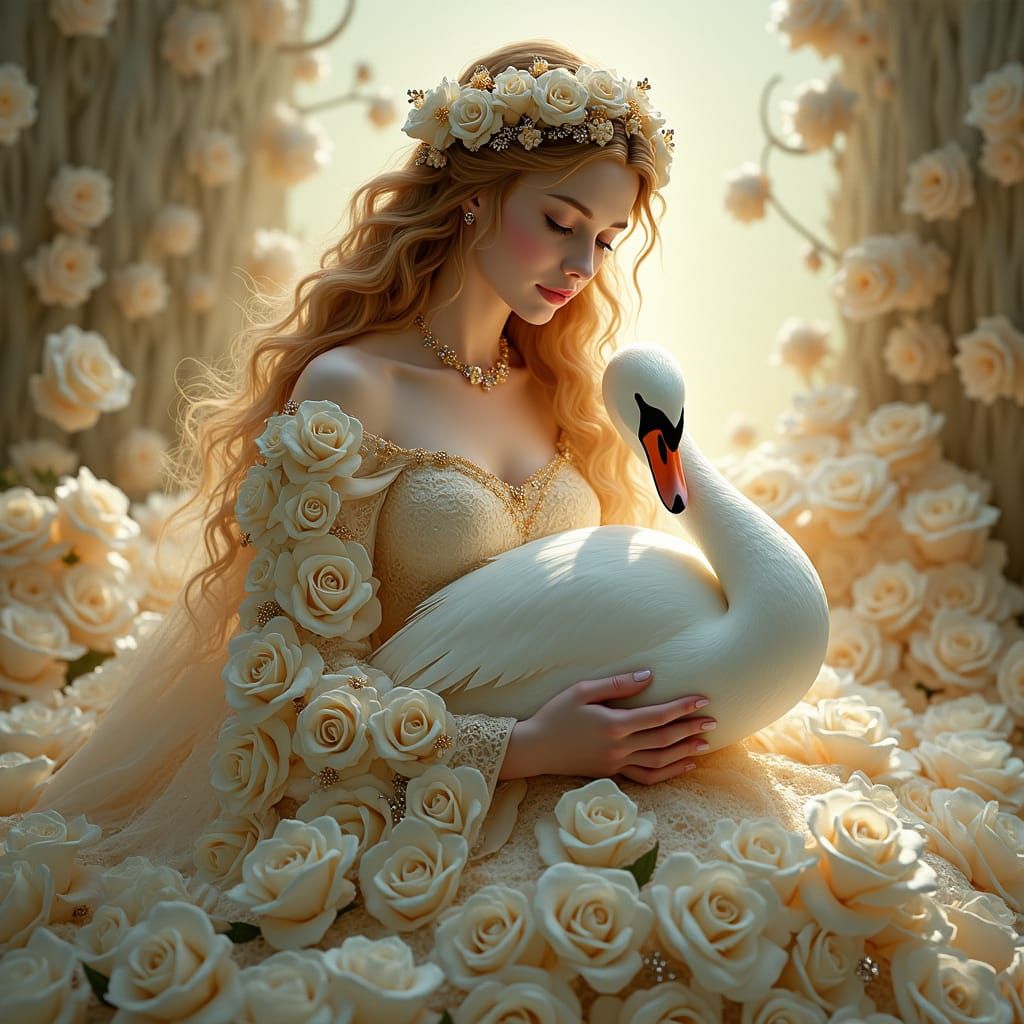 Queen in Roses with Swan, Art Nouveau Style