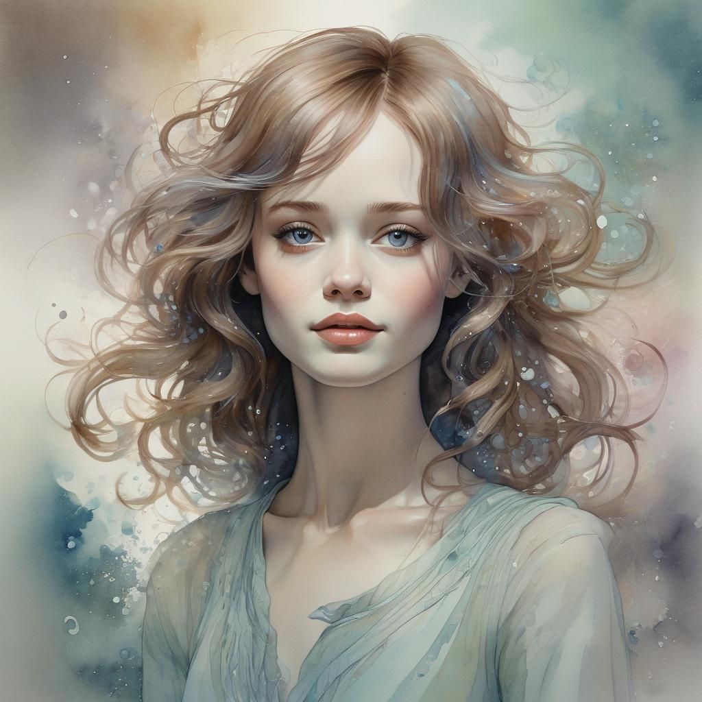 Ethereal Portrait in Watercolor Art Nouveau Style