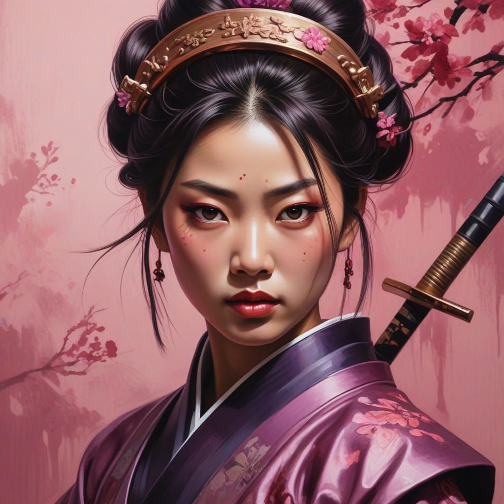 Glamorous Samurai in Plum-Colored Surreal Style