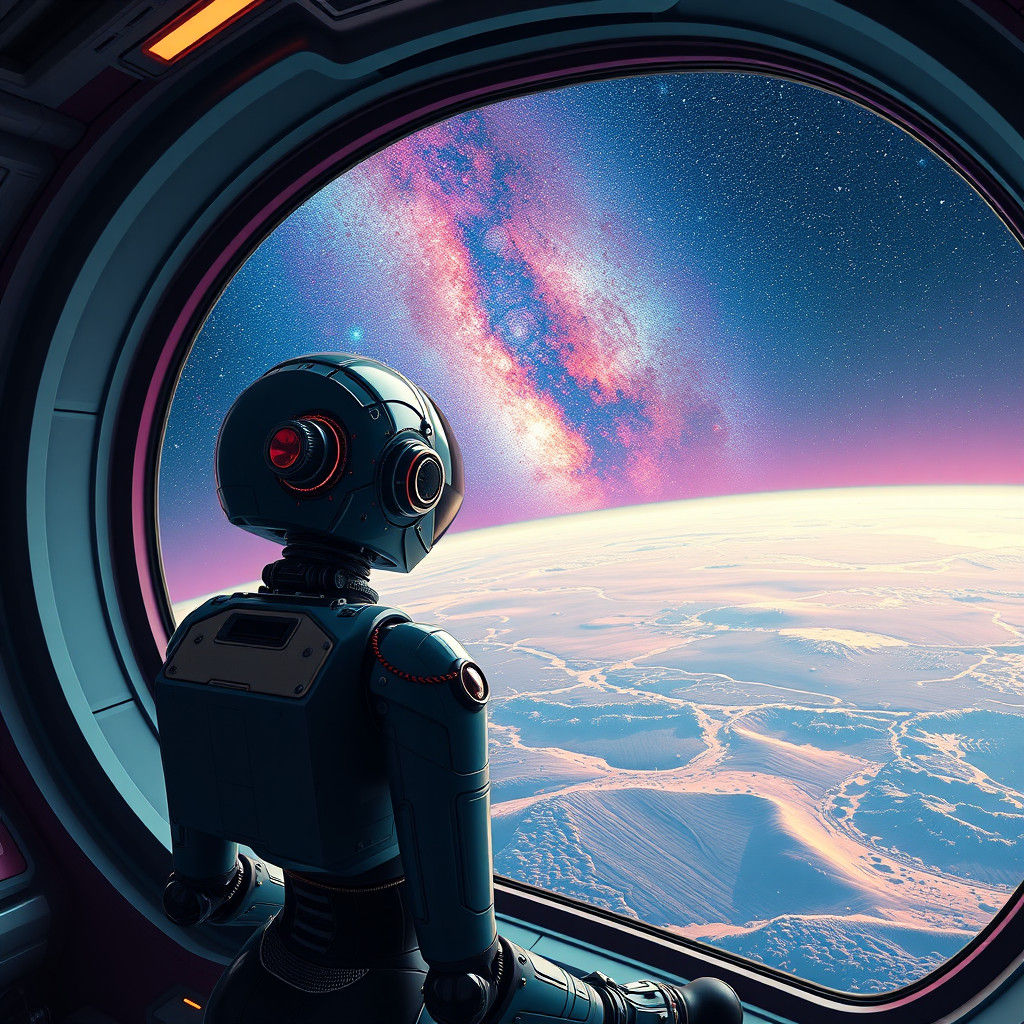 Robot Girl Admiring Universe: Retrofuturistic Sci-Fi Art