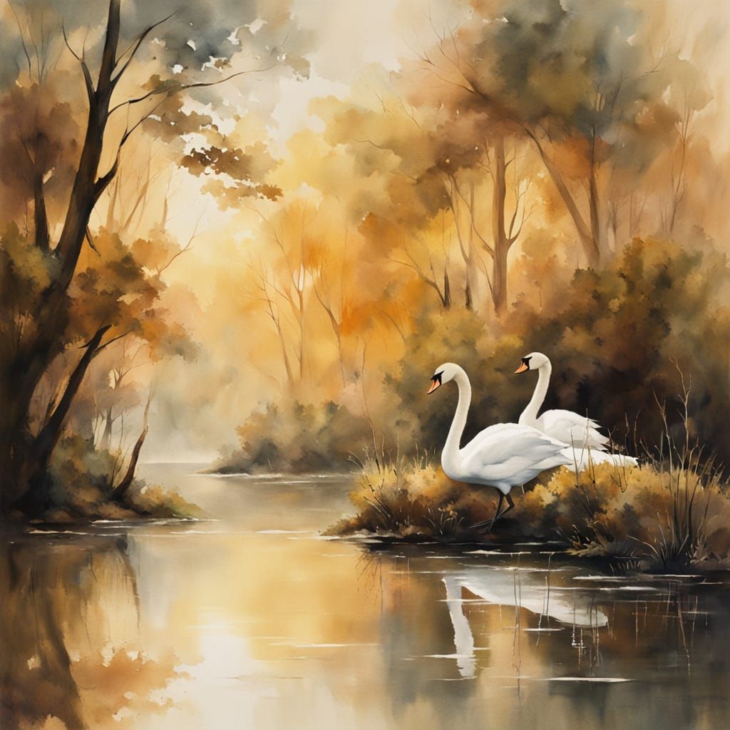 Whimsical Watercolor of Two Swans in Serene Lake Setting