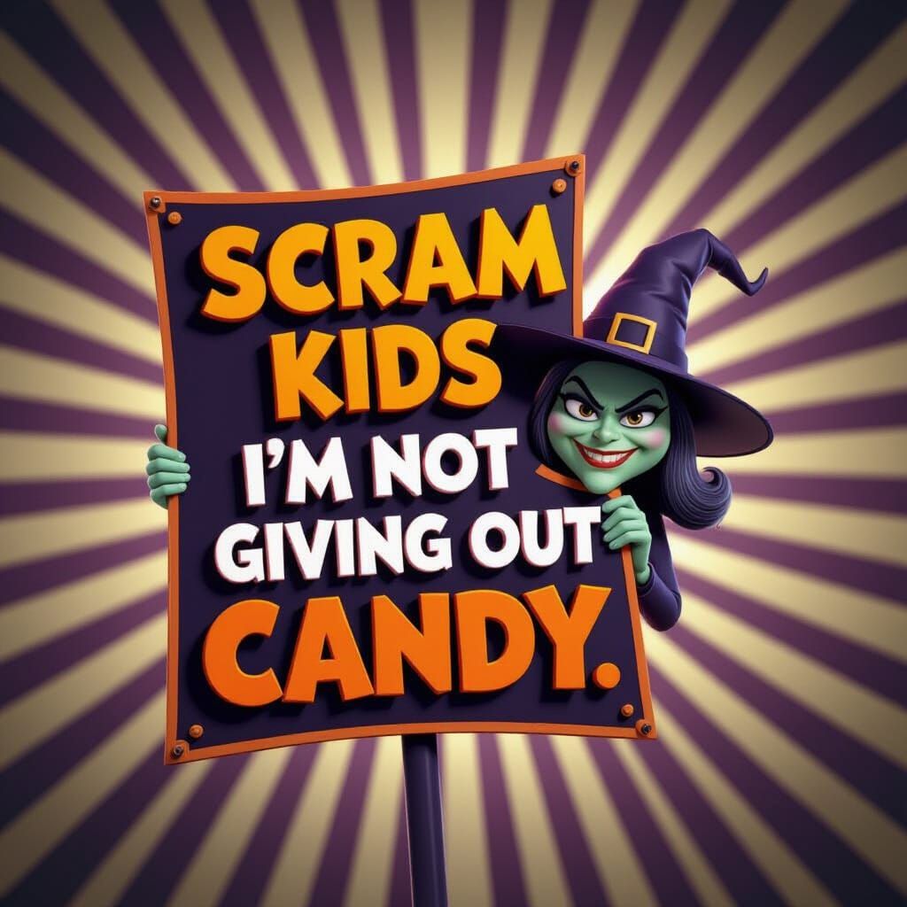 Halloween Sign: "Scram Kids!" with Mischievous Witch