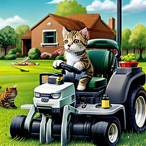 )
kitty driving a lawn mower  1st time