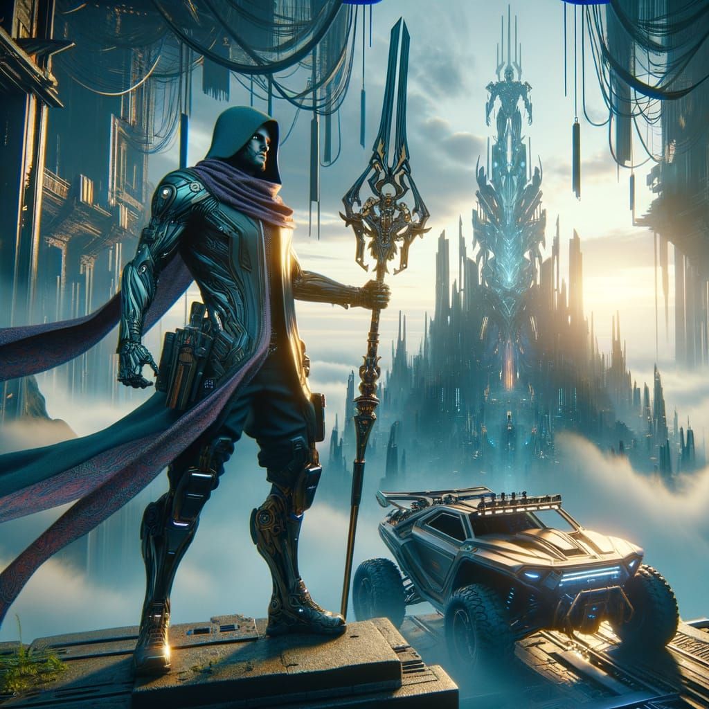 Cyber Warrior Stands Vigilant on Towering Spire with High-Te...