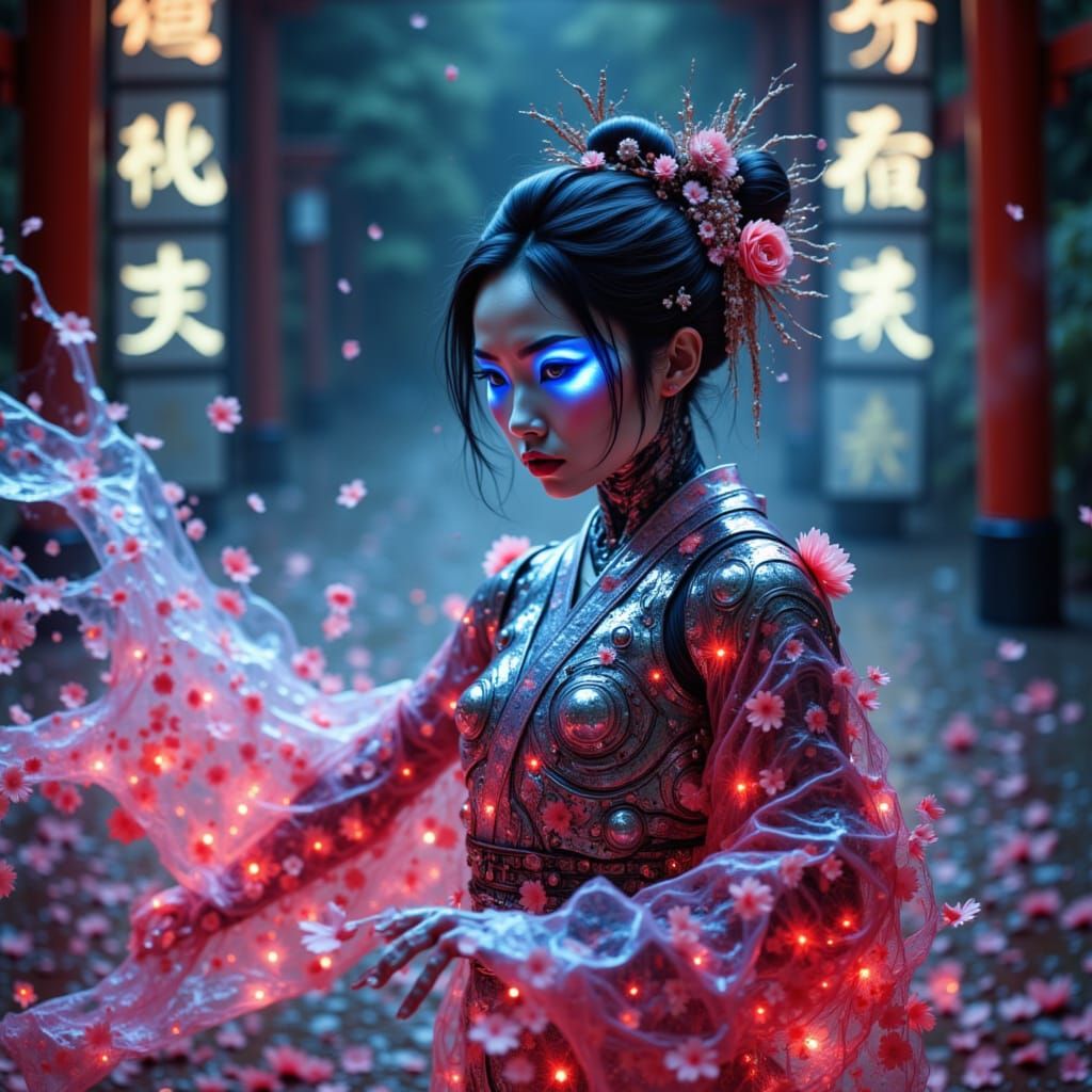 Cyber Geisha Performance in Futuristic Kyoto Theatre