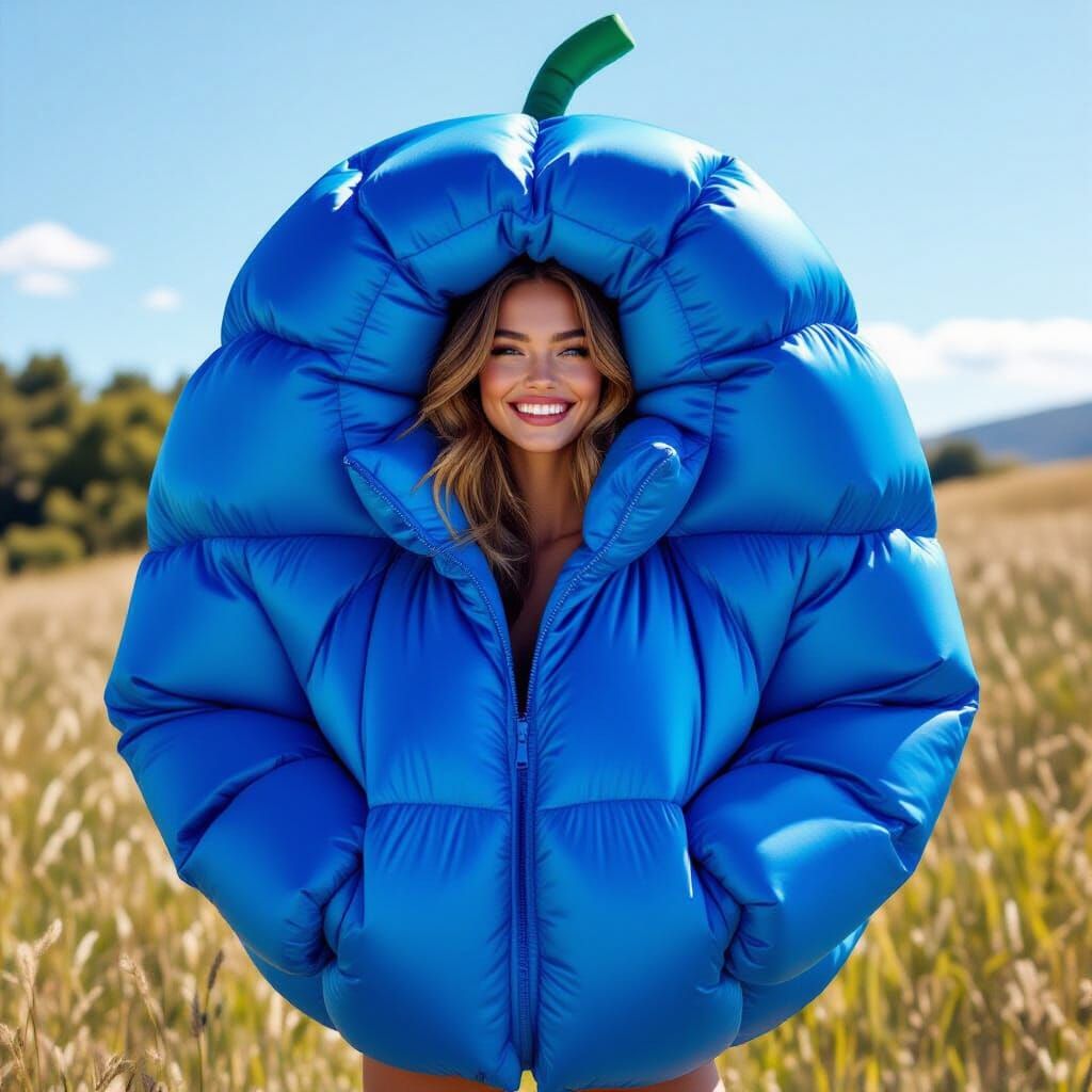 Woman in Giant Blue Puffer Suit, High-Fashion Photo