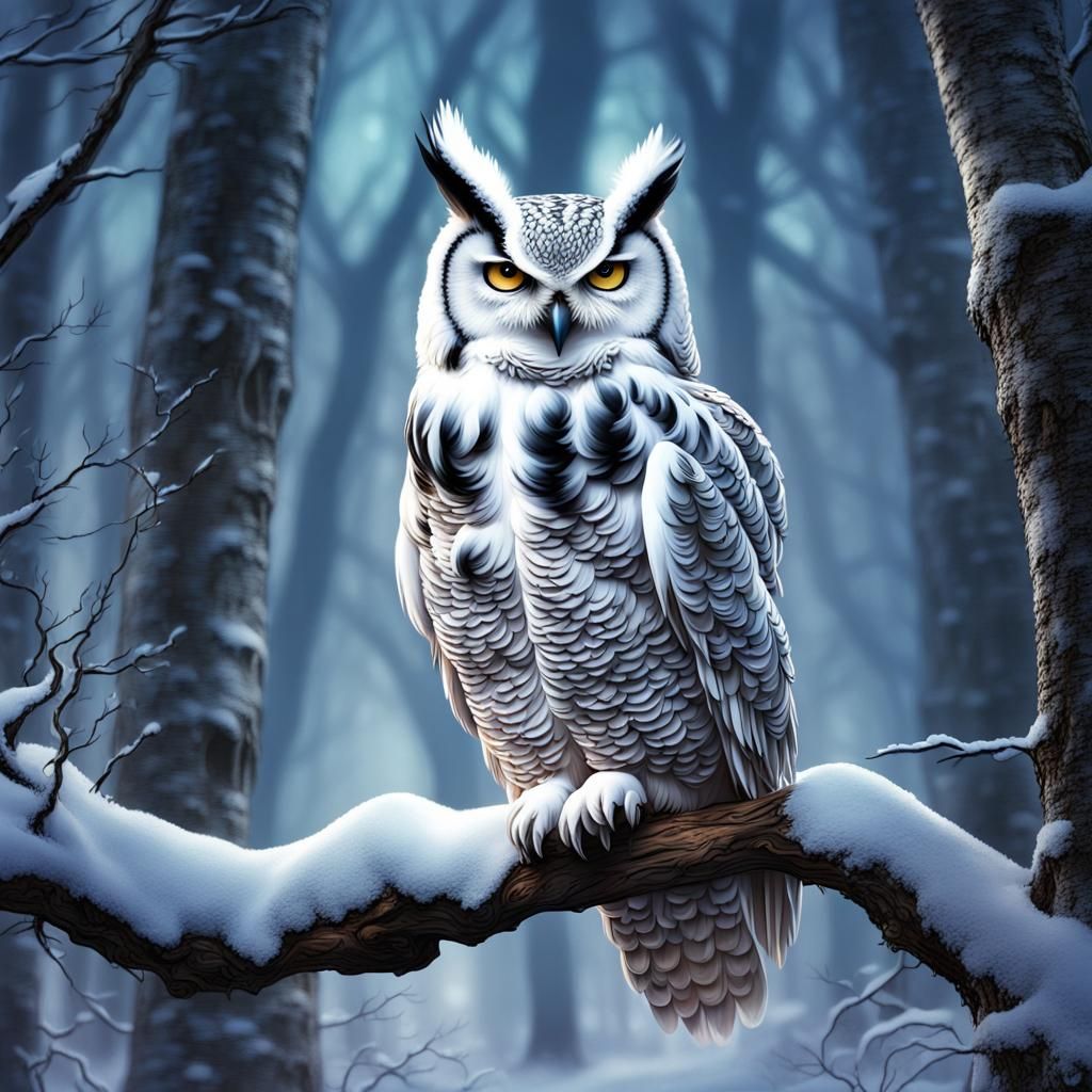 White Horned Owl in Snowy Woods, Tim Burton Style