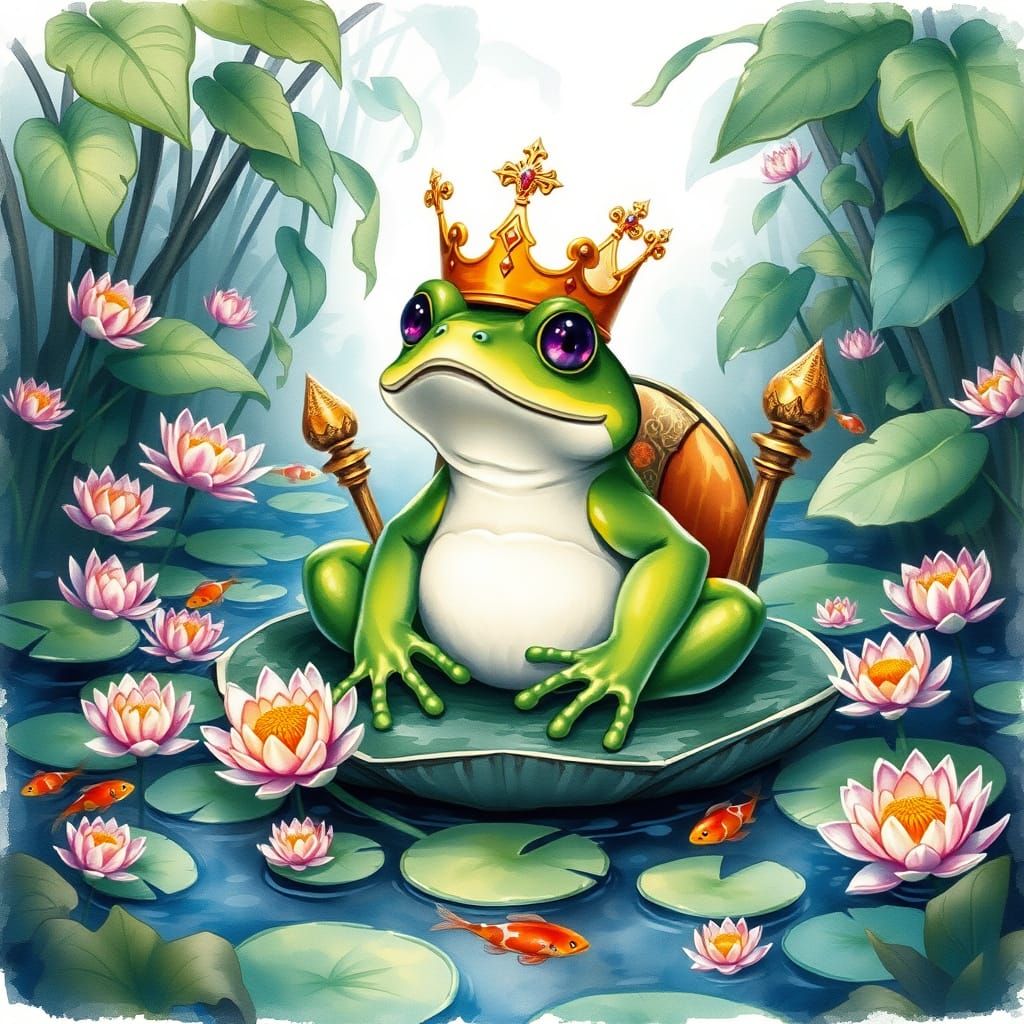 Regal Frog Prince in Whimsical Watercolor Wonderland