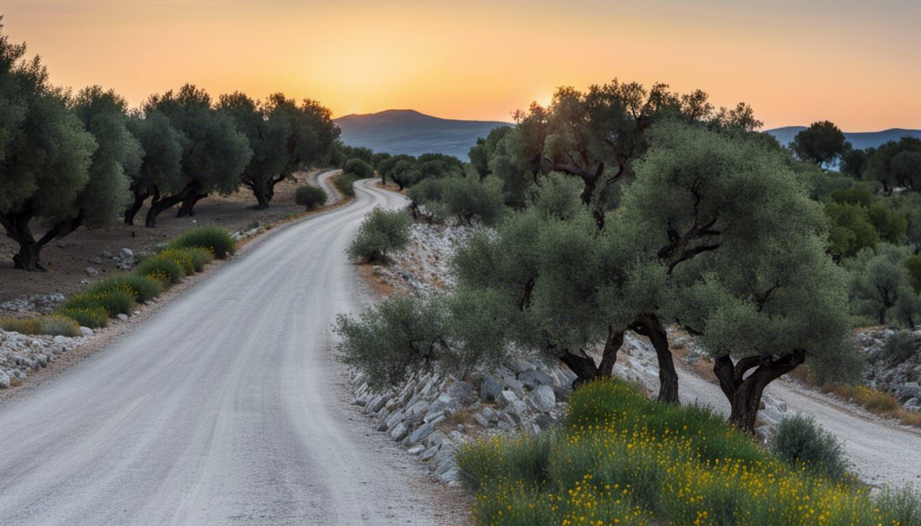 Croatian Sunset Road Through Olive Trees