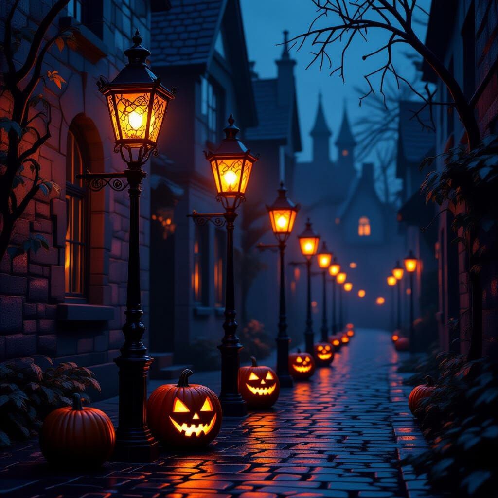 Eerie Pumpkin Streetlamps Glow with Mystical Light