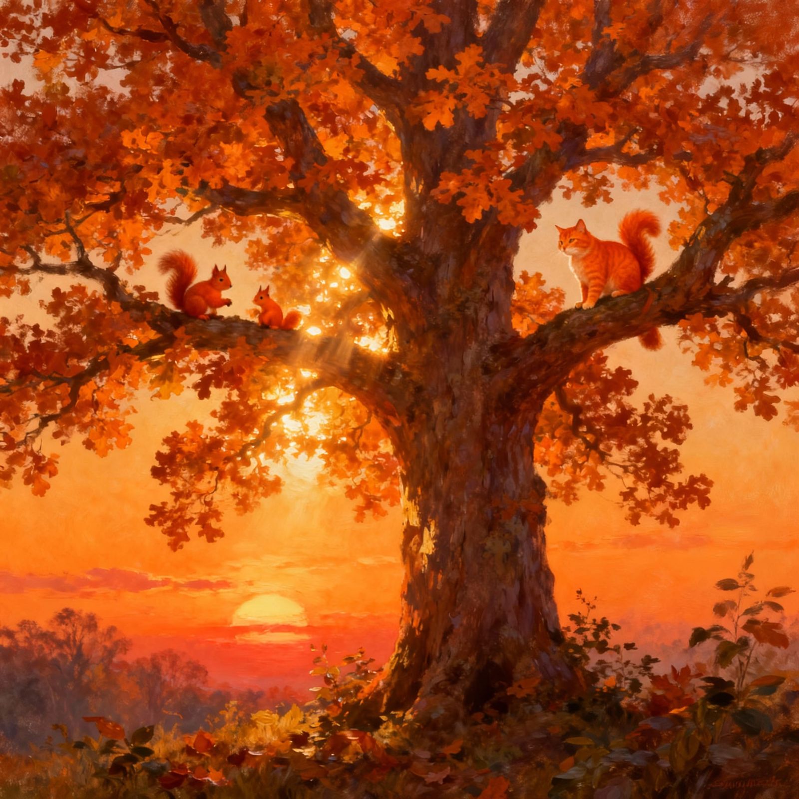 Vivid Orange Oak Tree at Sunset with Animals Digital Paintin...