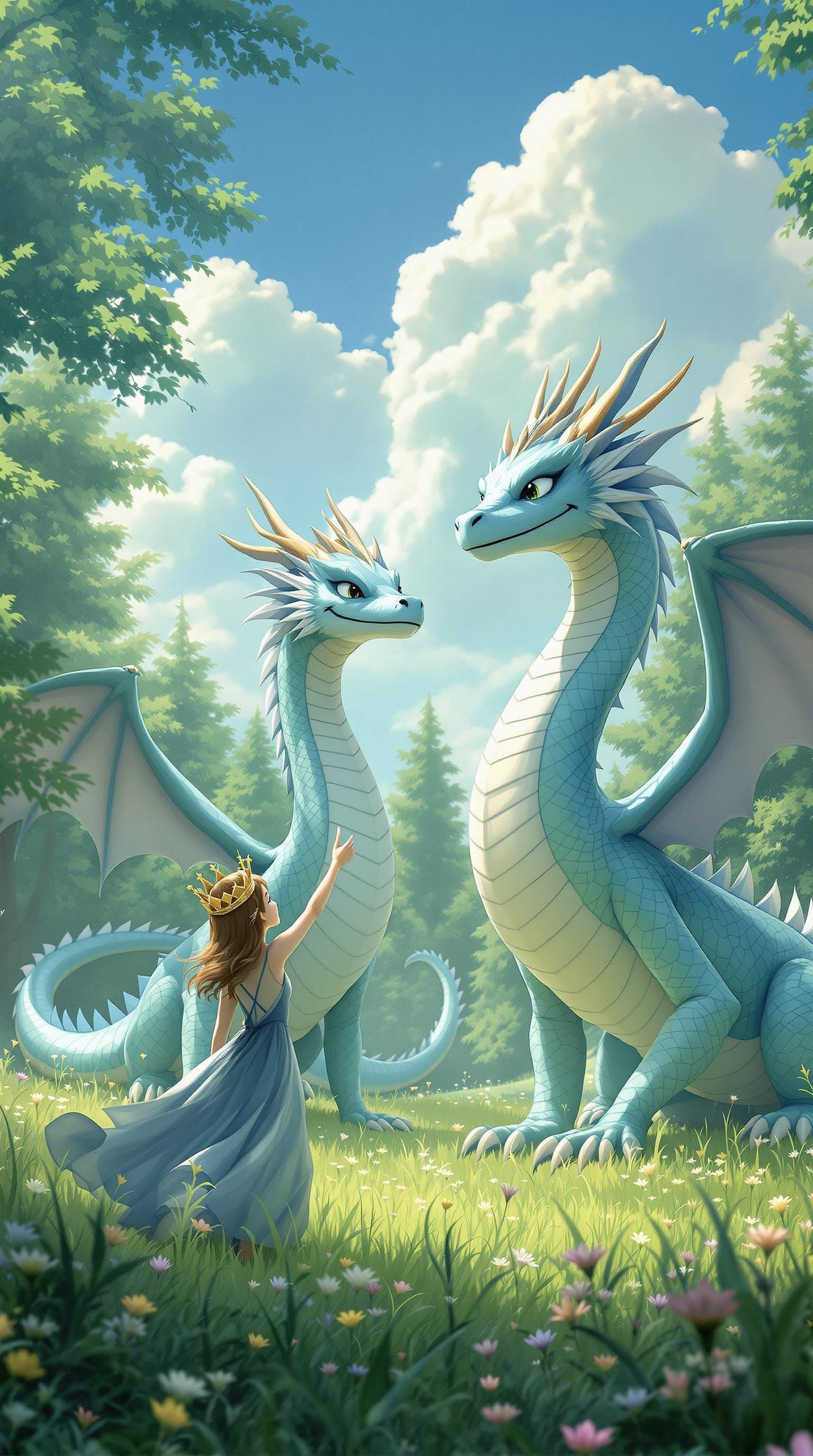 Princess Plays with Majestic Dragons in a Whimsical Meadow
