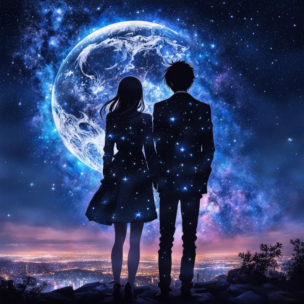 Lovers Gazing at Stars in Anime Style