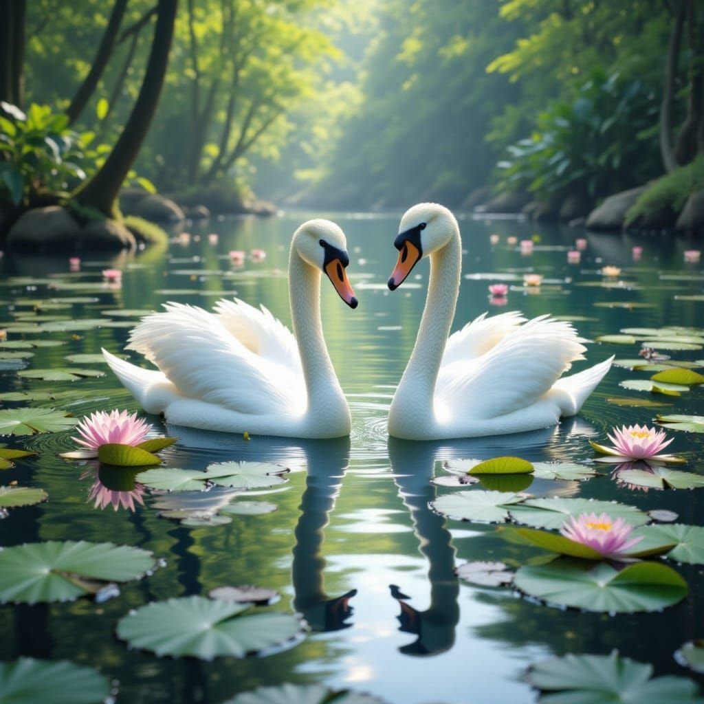 Swans on Misty Lake in Ethereal Style