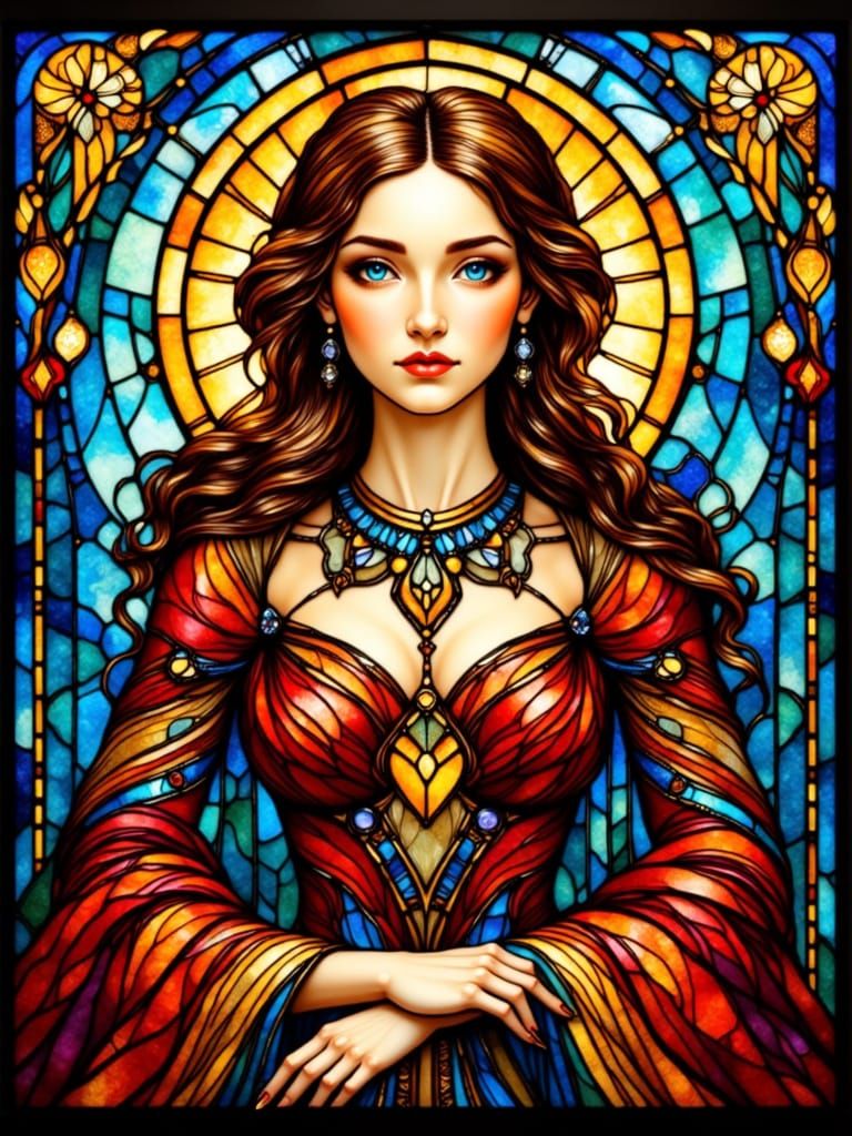 Stained Glass Queen of Diamonds Portrait in Art Nouveau Styl...