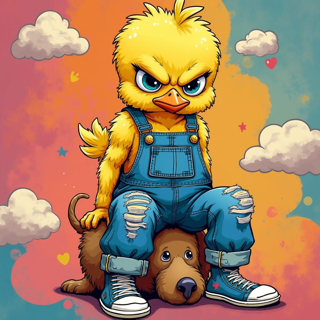 Grumpy Chick Riding Guardian Dog in Pop Art