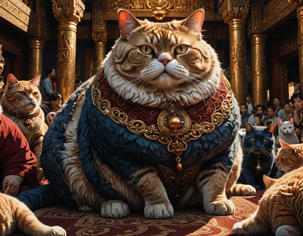 An enormously fat cat being worshipped by humans intricate d...