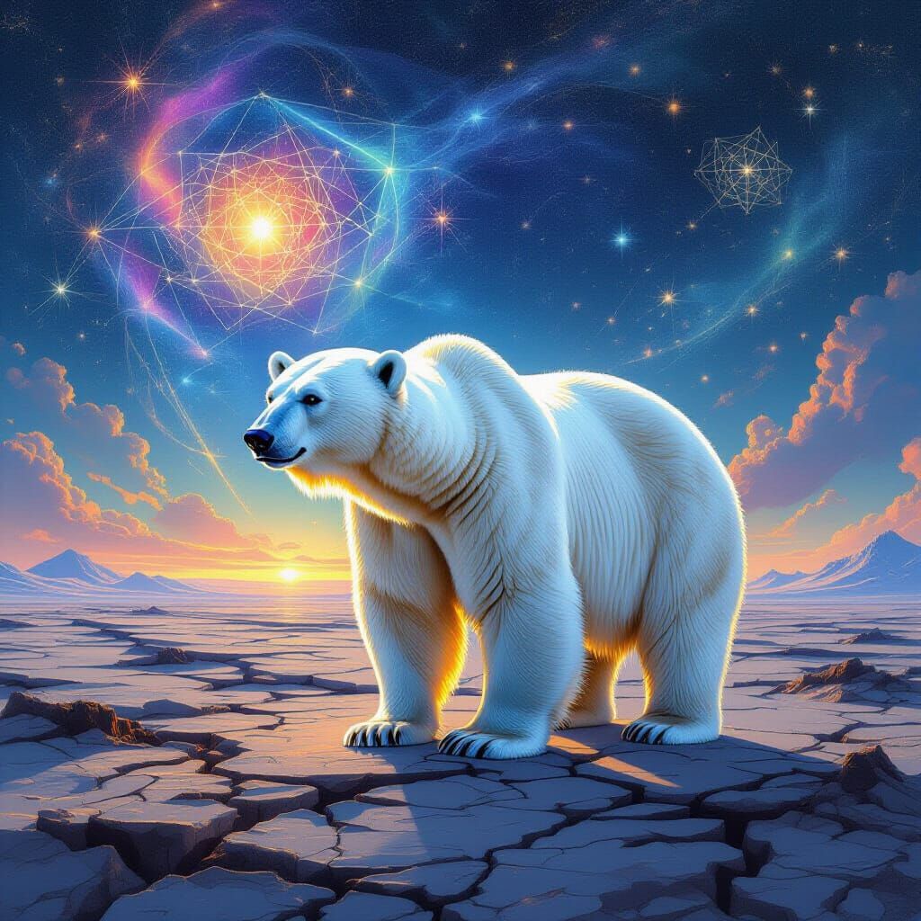 Cosmic Polar Bear on Cracked Earth Under Geometric Constella...