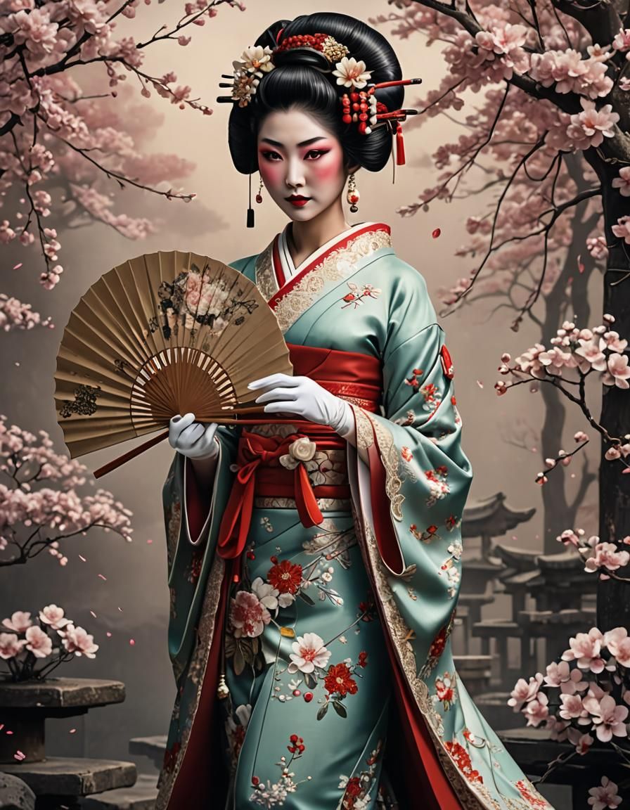 Geisha Girl with Fan: Detailed Japanese Fantasy Art