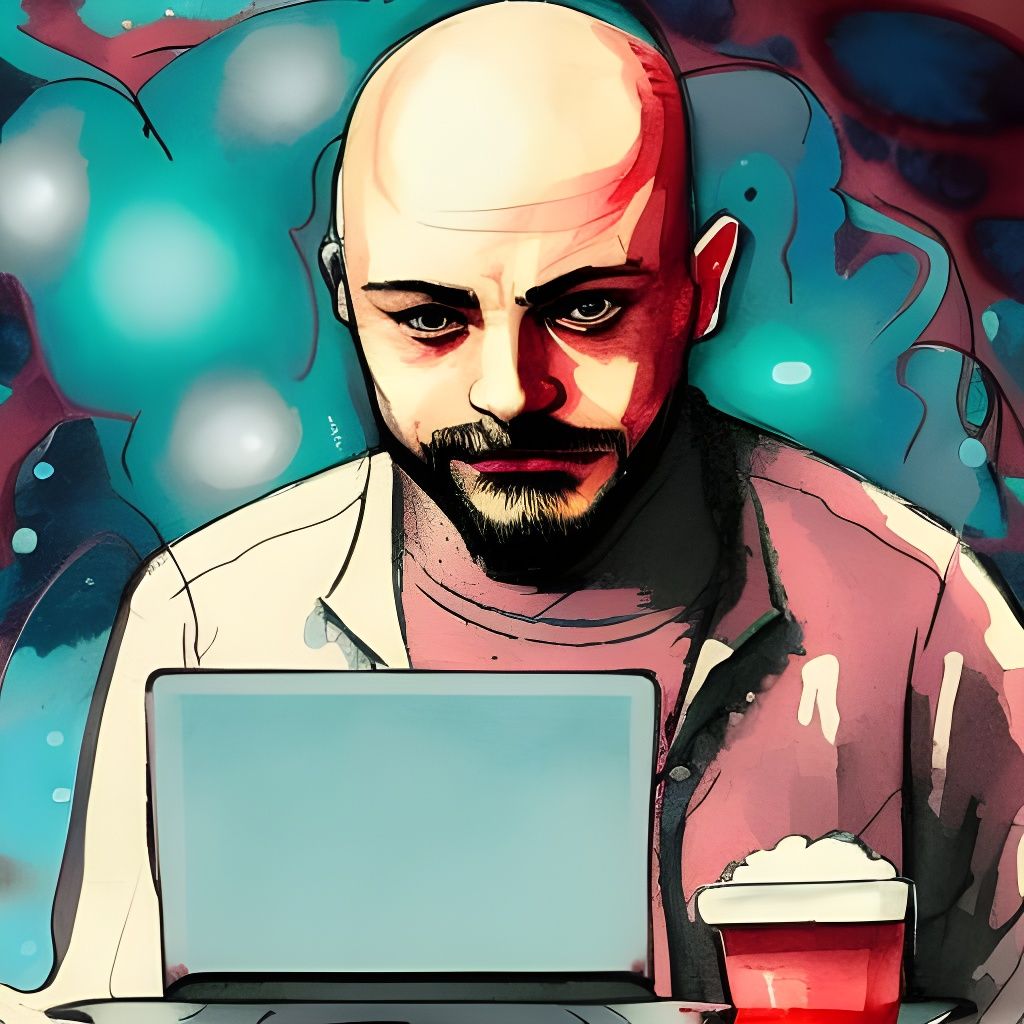 Bald Man with Monsters in Cafe, Disney-Style