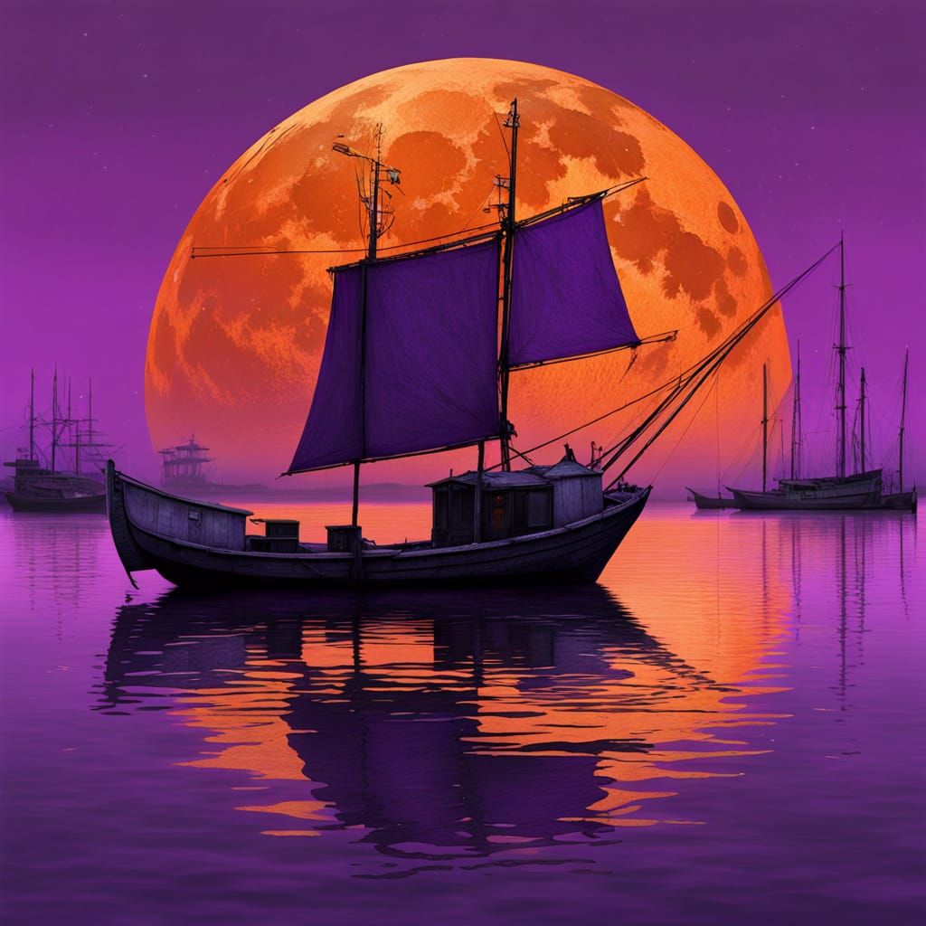 bright orange purple moon close up purple fishing boat in the harbour fishing town in hues of purple...