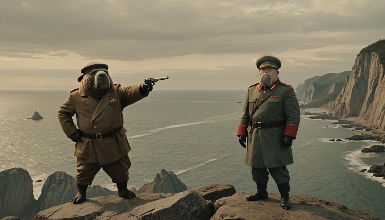 Walrus Soldier on Cliff: Cinematic Film Still