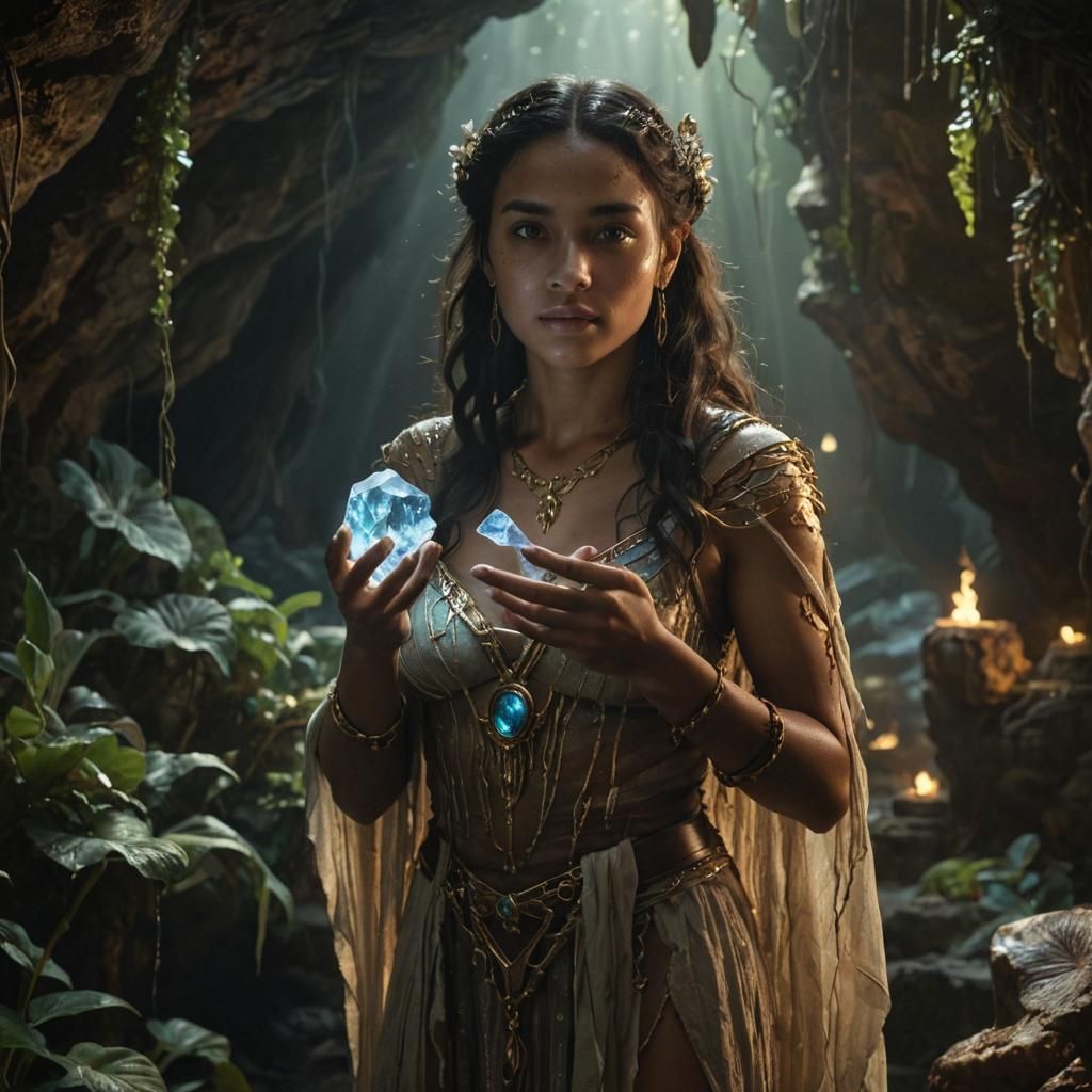 Atlantis Woman with Crystal in Bioluminescent Cave