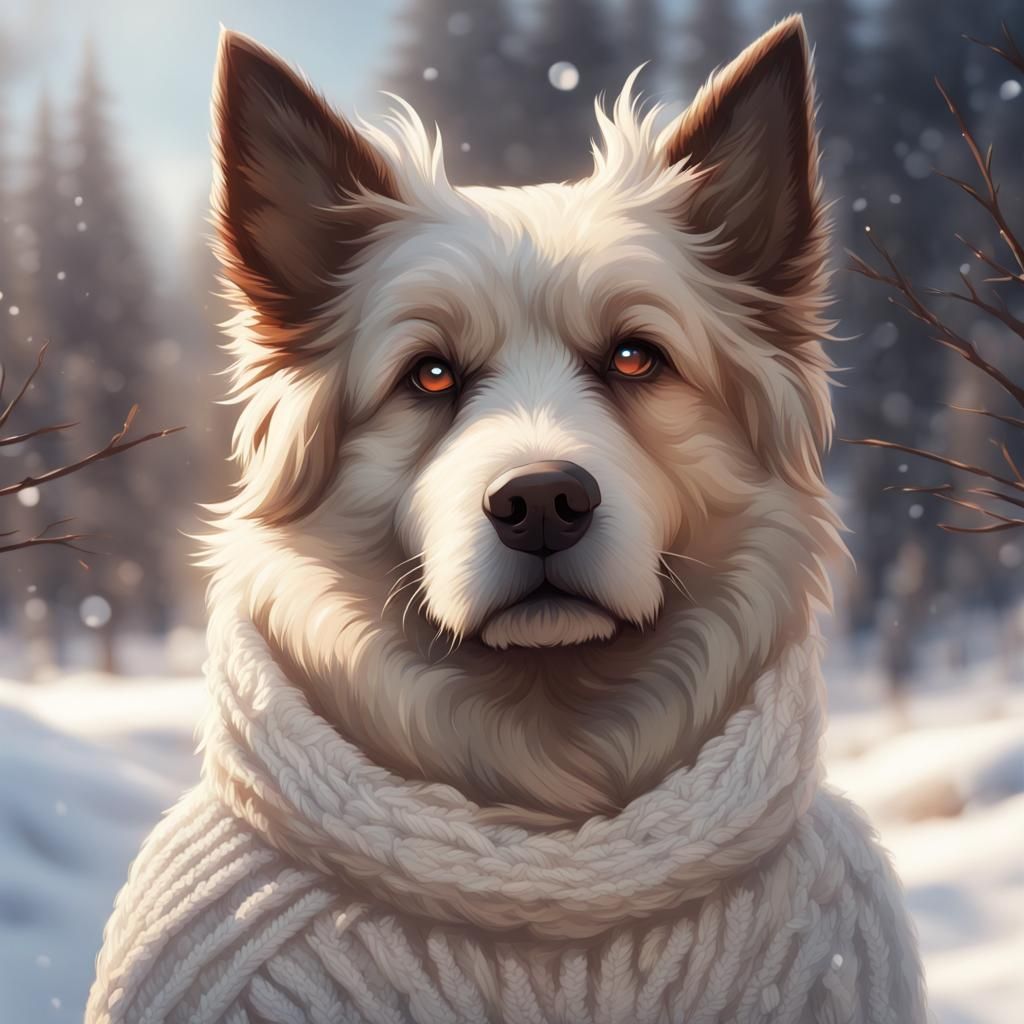 Dog in Sweater Portrait in Hyperdetailed Splash Art Style