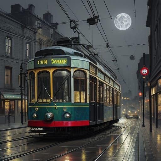 Surreal Spiderweb Tram in Ethereal Moonlight City