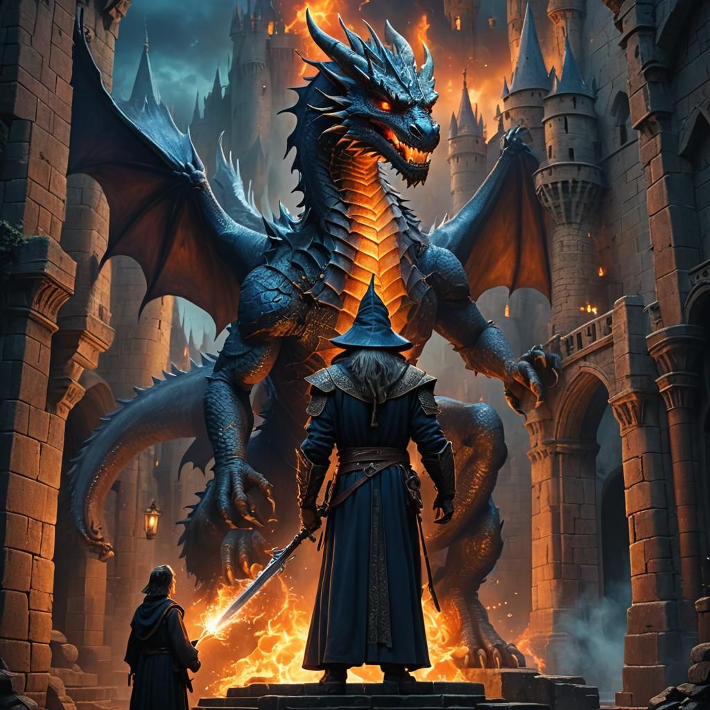 Wizard and Dragon Face-Off in Castle